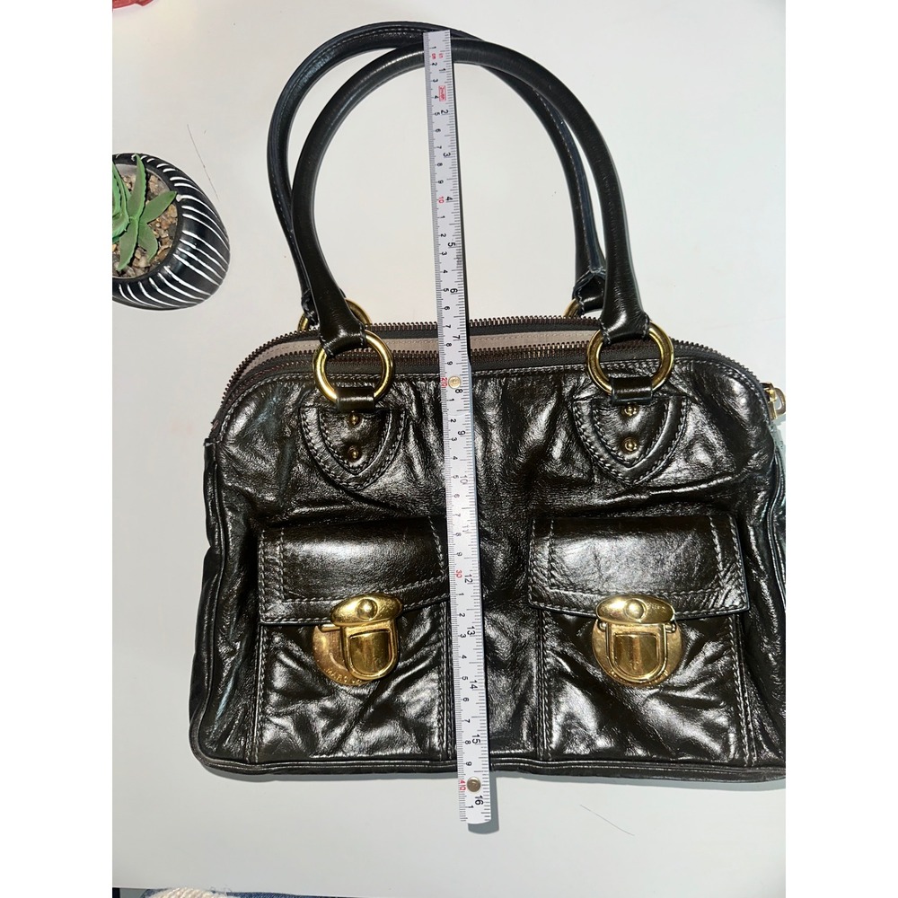 Marc Jacobs Y2KOlive Green Glazed Leather Push Lock Satchel Handbag Gold Hardwar - Picture 3 of 16